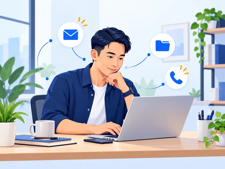A business owner reviews everyday work on a laptop, with email, file and device cues.